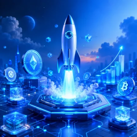 Cryptocurrency Launch Guides Alt: Cryptocurrency launch guide concept with rocket, blockchain launchpad, token coins, and Web3 startup growth