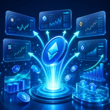 Token Listing & Exchange Growth Alt: Crypto token listing and exchange growth concept with digital coins and blockchain platform connections
