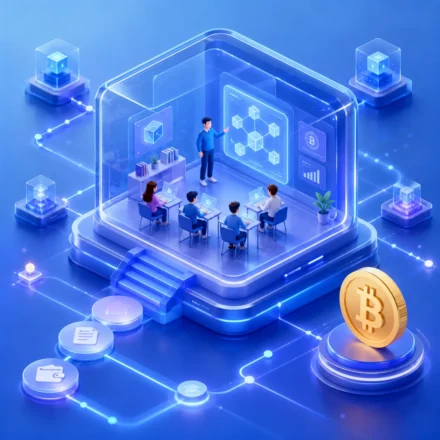 Crypto Beginner Guides Beginner-friendly crypto learning guide with blockchain education visuals and digital currency concepts