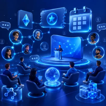 Crypto Events & Communities Alt: Web3 community and crypto events concept with connected users, conference elements, and networking icons