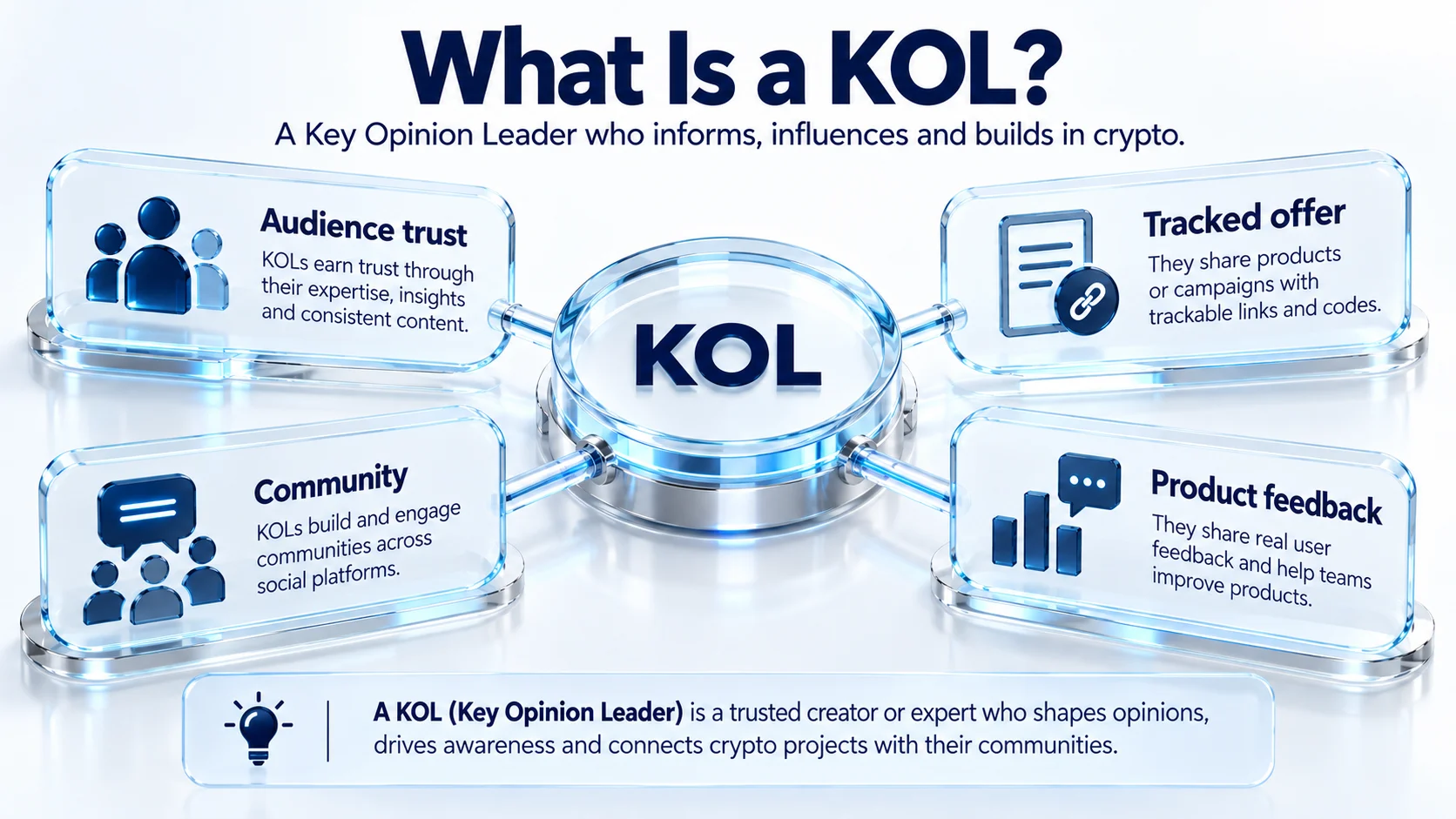 Infographic explaining what a Key Opinion Leader (KOL) is in crypto, showing audience trust, tracked offers, community engagement, and product feedback.