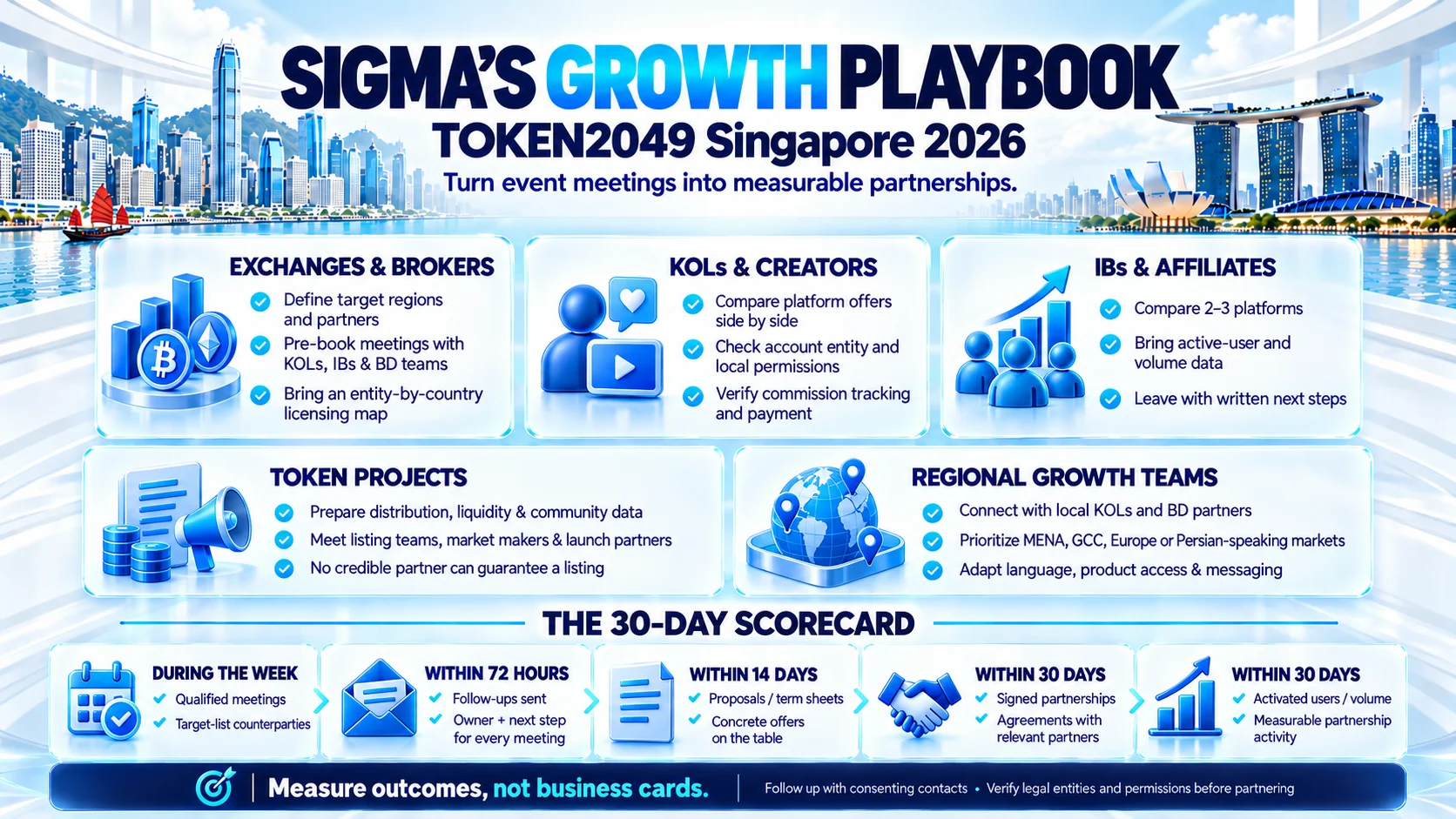 Sigma’s playbook: turning TOKEN2049 Singapore 2026 into growth This is the part generic guides leave out. Here is how we would approach the week depending on who you are. For exchanges and brokers Go with a target list, not a booth plan. Decide which regions you want to grow in the next two quarters, then list the KOLs, IBs, community owners and regional BD operators who can move users there. Book meetings before you fly and use the private meeting rooms for serious discussions. Read more about Web3 conference marketing to connect meeting preparation, on-site activity and follow-up with measurable campaign goals. Bring your licensing map. In 2026, partners ask which entity serves which country before they ask about commission. A one-page summary of your licenses and registrations saves time and builds trust. For another example of how permissions vary across jurisdictions, consult the Bybit crypto exchange guide. Confirm the legal entity before discussing a referral partnership. Use the exchange panels as competitive intelligence. When two large platforms discuss their strategy on one stage, listen for where they plan to expand and what they say about regulated markets. Read Sigma’s Binance crypto exchange guide for context on regional approvals and enforcement history. A speaker appearance or sponsorship is separate from regulatory authorisation. For KOLs and financial creators TOKEN2049 Singapore 2026 is the best week of the year to compare platform offers side by side. Most major exchanges are present, several as title sponsors or stage partners. Before signing anything, ask three questions: which entity will hold your audience’s accounts, is that entity licensed or registered where your audience lives, and how is your commission tracked and paid. Consider the TOKEN2049 affiliate program for your own audience, and think beyond single campaigns. Creators who grow fastest build infrastructure: affiliate tracking, Telegram bots, an owned website, SEO and a content system. Sigma’s crypto influencer marketing guide covers creator-led campaigns, while its chain attribution guide provides related measurement context. For IBs and affiliates Use the week to move from scattered referrals to structured partnerships. Meet two or three platforms at most, compare commission structures and retention support, and leave with written next steps. The LBank crypto exchange guide provides another case for distinguishing AML registration from broader operating permissions when comparing counterparties. Bring your active user numbers and volume history, because the best IB deals are negotiated on data. Read more about Web3 go-to-market planning to connect referral partnerships with acquisition and retention goals. For token projects If you are preparing for a listing, TOKEN2049 is where exchange listing teams, market makers and launch partners are all in one place. Treat it as a readiness check, not a sales pitch. Know your token distribution, liquidity plan and community numbers before the meeting. No credible partner can guarantee a listing, and any offer that does should be treated with caution. Sigma’s token listing services guide explains listing preparation. Review crypto tokenomics before presenting distribution, incentives and liquidity assumptions to potential partners. For regional growth teams The crowd at TOKEN2049 Singapore 2026 comes from more than 160 countries, which makes it efficient for regional planning. Teams focused on MENA, the GCC, Europe or Persian-speaking communities can meet local KOLs and BD partners from those regions in one week instead of several trips. For message planning across markets, read Sigma’s crypto content marketing guide. Adapt the proposition to each audience’s language, product access and needs. A 30-day scorecard for the event Judge TOKEN2049 by outcomes, not by the number of business cards collected. Sigma’s crypto email marketing services guide offers related guidance for structured follow-up with consenting contacts. Metric When to measure What good looks like Qualified meetings held During the week Meetings with the counterparties on your target list Follow-ups sent Within 72 hours Every meeting has an owner and a next step Proposals or term sheets Within 14 days Concrete offers on the table Signed partnerships Within 30 days Agreements with KOLs, IBs, platforms or partners Activated users or volume Within 30 days Measurable activity from new partnerships