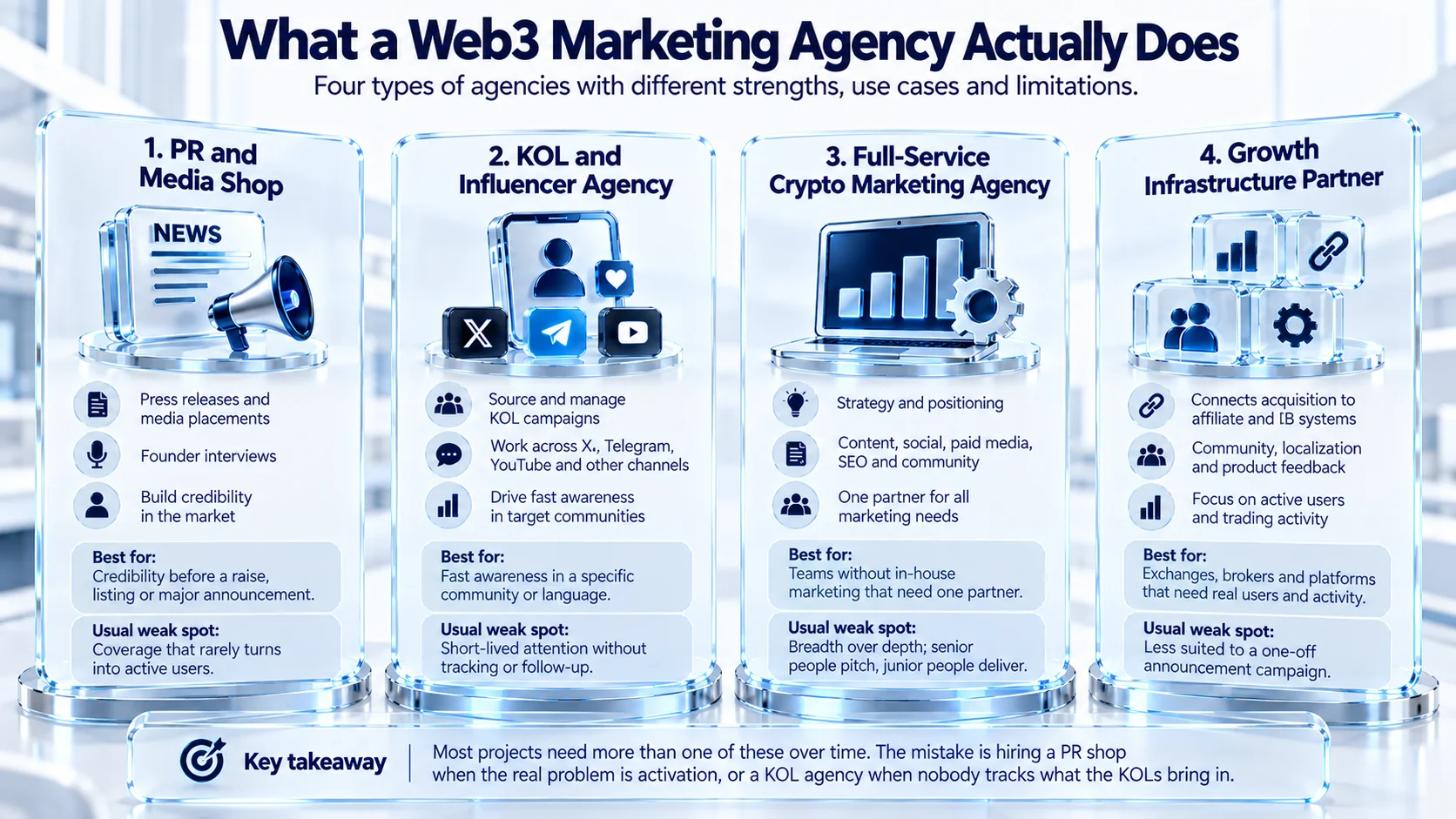 Infographic comparing PR and media, KOL and influencer, full-service crypto marketing, and growth infrastructure agencies.