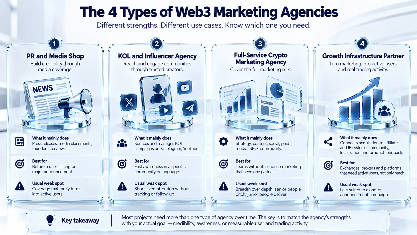 Four-column comparison of Web3 marketing agency types, including PR, influencer, full-service, and growth infrastructure partners.