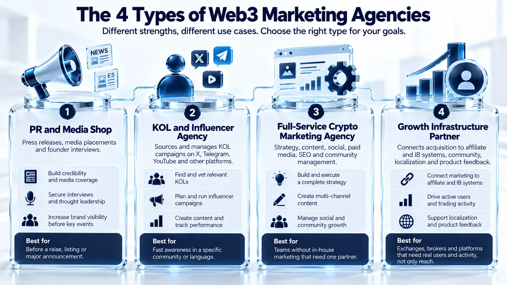 Infographic illustrating PR, KOL marketing, full-service crypto marketing, and growth infrastructure services.